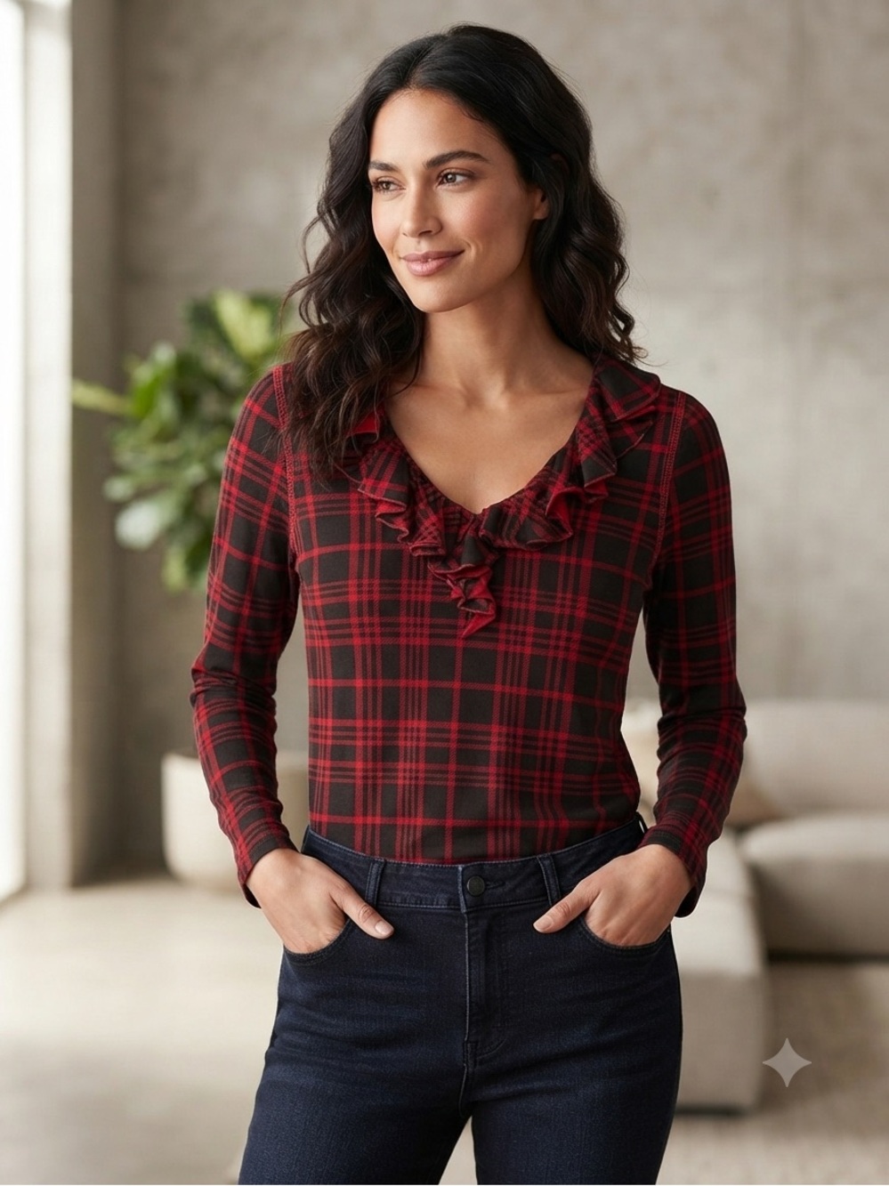 American Living Red and Black Plaid Ruffle V-Neck Long Sleeve Top